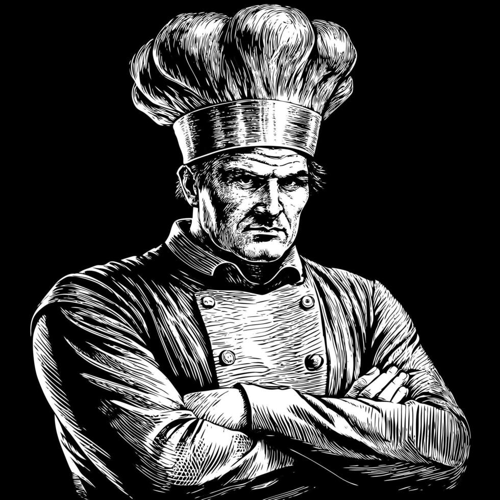 Black and White Sketch of Serious Chef with Crossed Arms in Traditional Hat vector