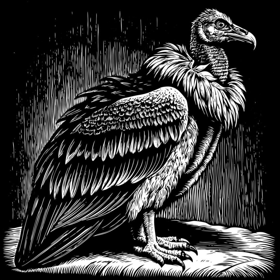 Detailed Black and White Engraving of a Vulture Perched on a Branch vector