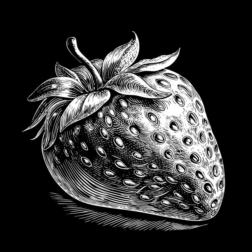 Intricate Black and White Engraving of a Detailed Strawberry on Black Background vector