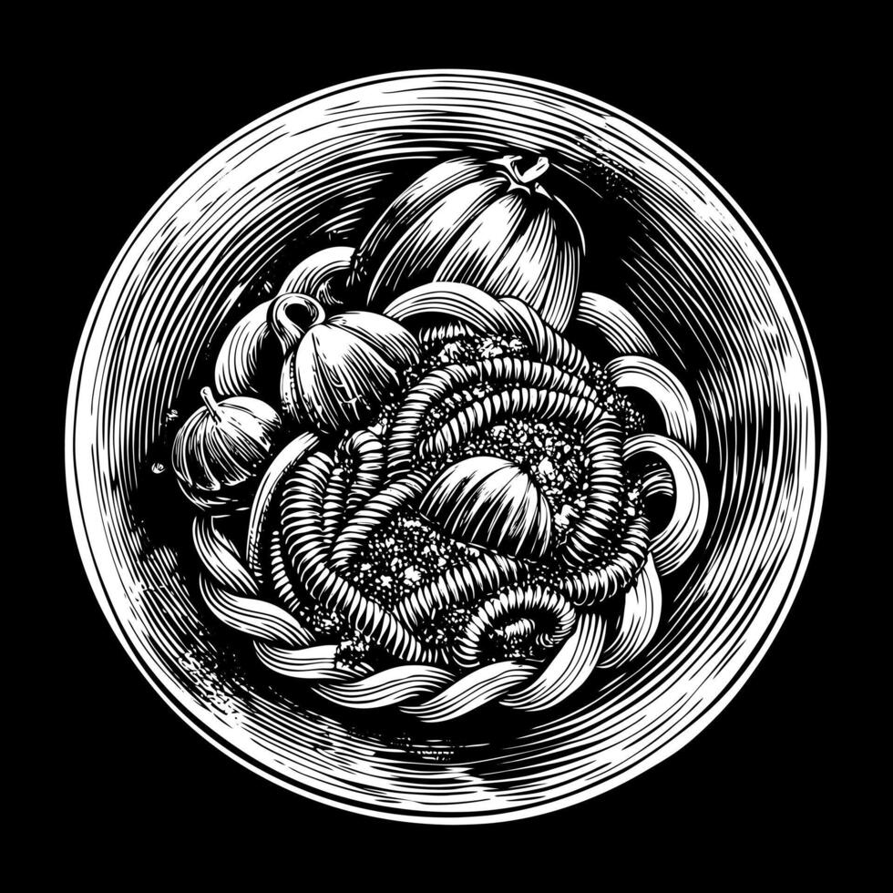 Black and White Digital Artwork of Vegetables and Fruits in a Bowl vector
