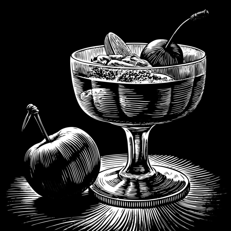 Vintage Black and White Etching of Fruit Dessert in Glass Bowl with Cherry and Nuts vector