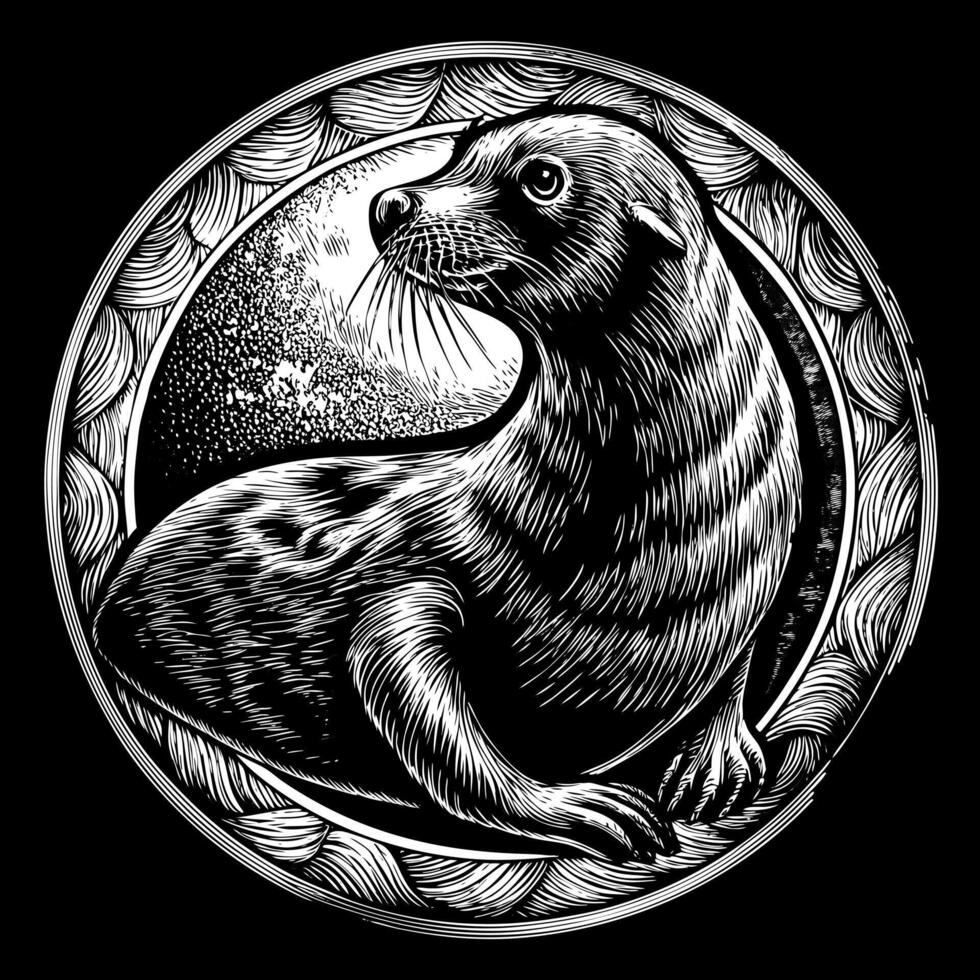Intricate Black and White Engraved Seal Artwork with Circular Pattern Background vector