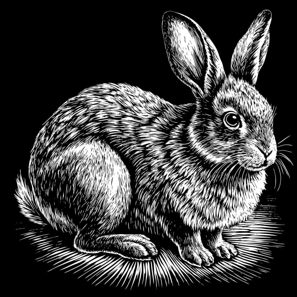 Intricate Black and White Engraving of a Rabbit with Detailed Fur Against Black Background vector