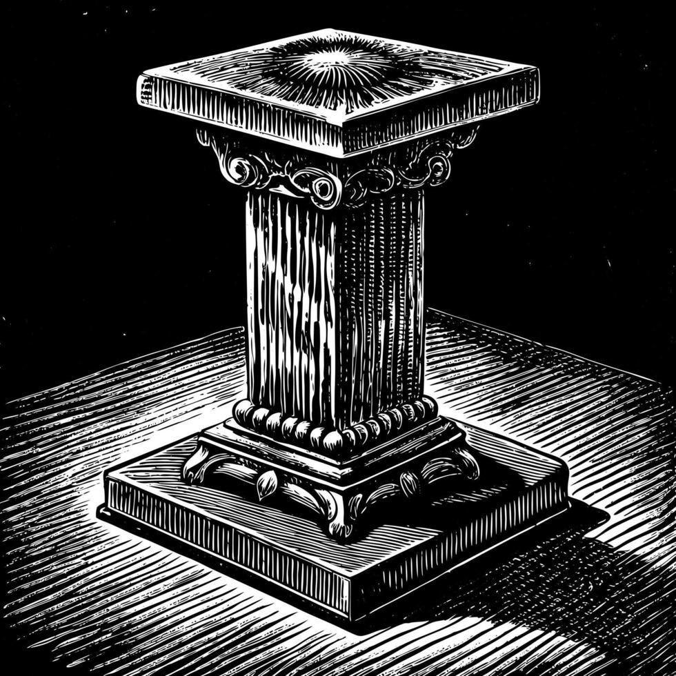 Monochrome Etching of Ornate Pedestal in Classical Style with Intricate Wood Details vector