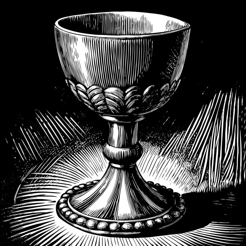 Ornate Silver Chalice on Black and White Illustration Background vector