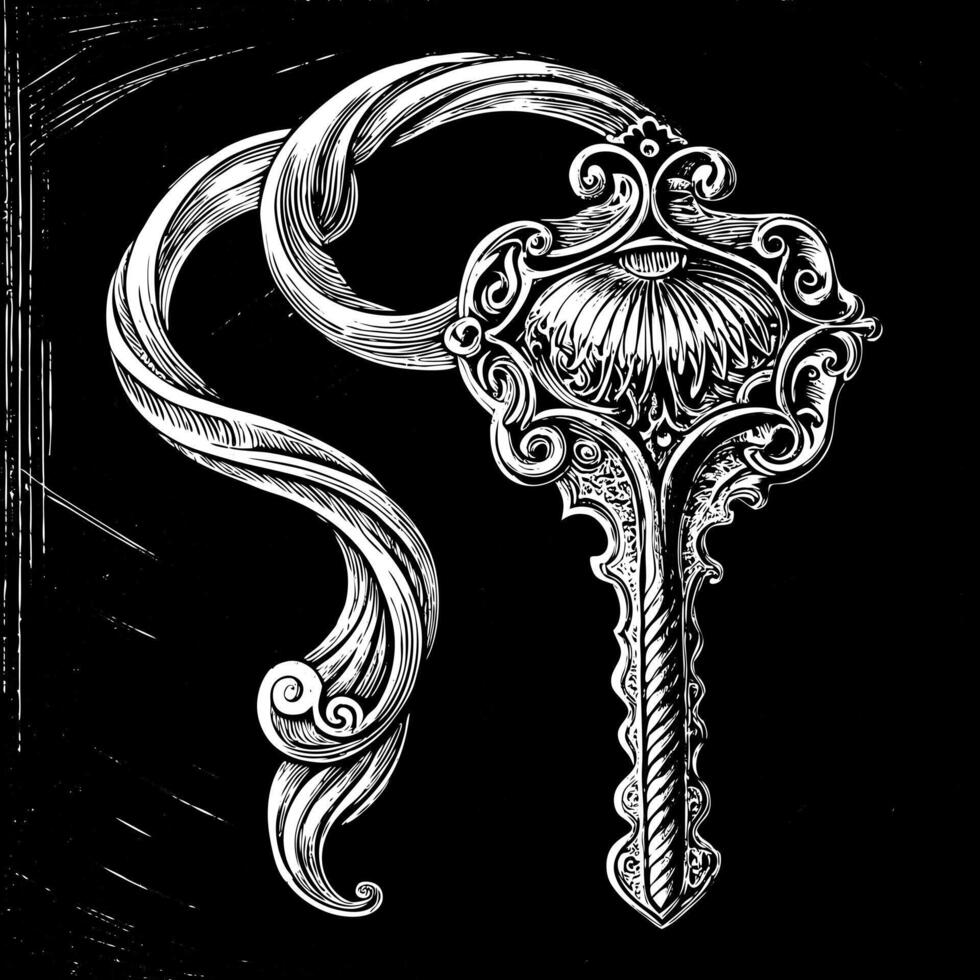 Intricate Ornate Key Design with Scrolls and Floral Motif on Black Background vector