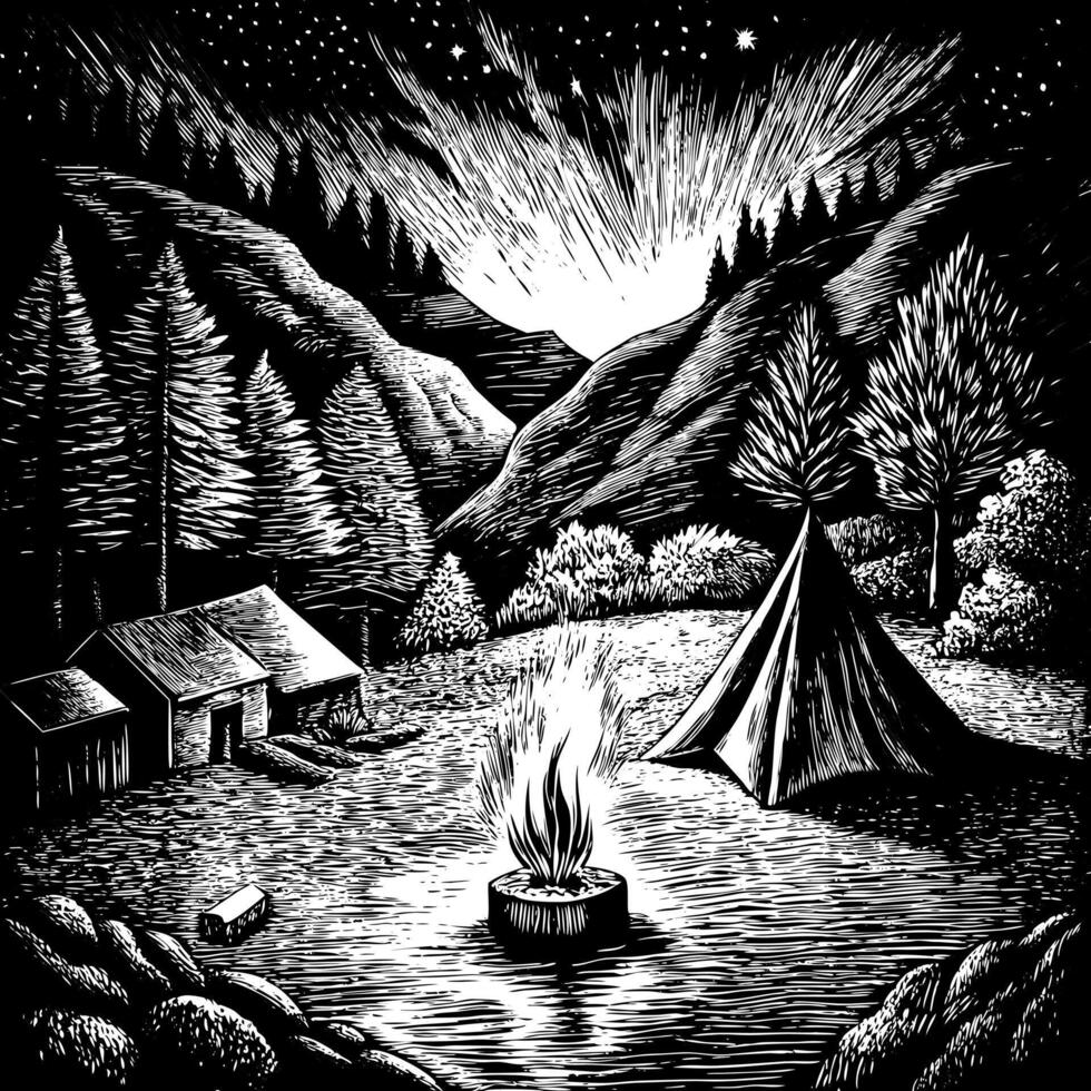 Nighttime Camping Scene in Rustic Forest with Campfire, Tent, Stars, and Mountains vector