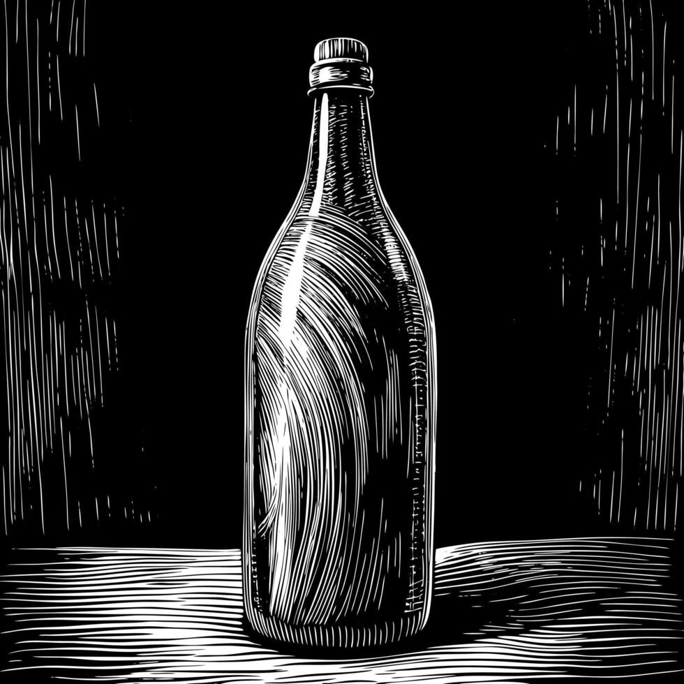 Monochrome Sketch of a Glass Bottle on Dark Background in Vintage Style vector