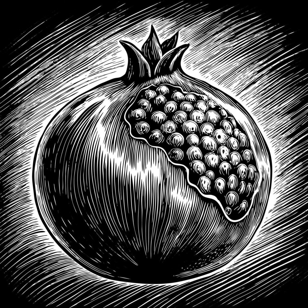 Intricate Black and White Illustration of a Pomegranate with Seeds Exposed vector