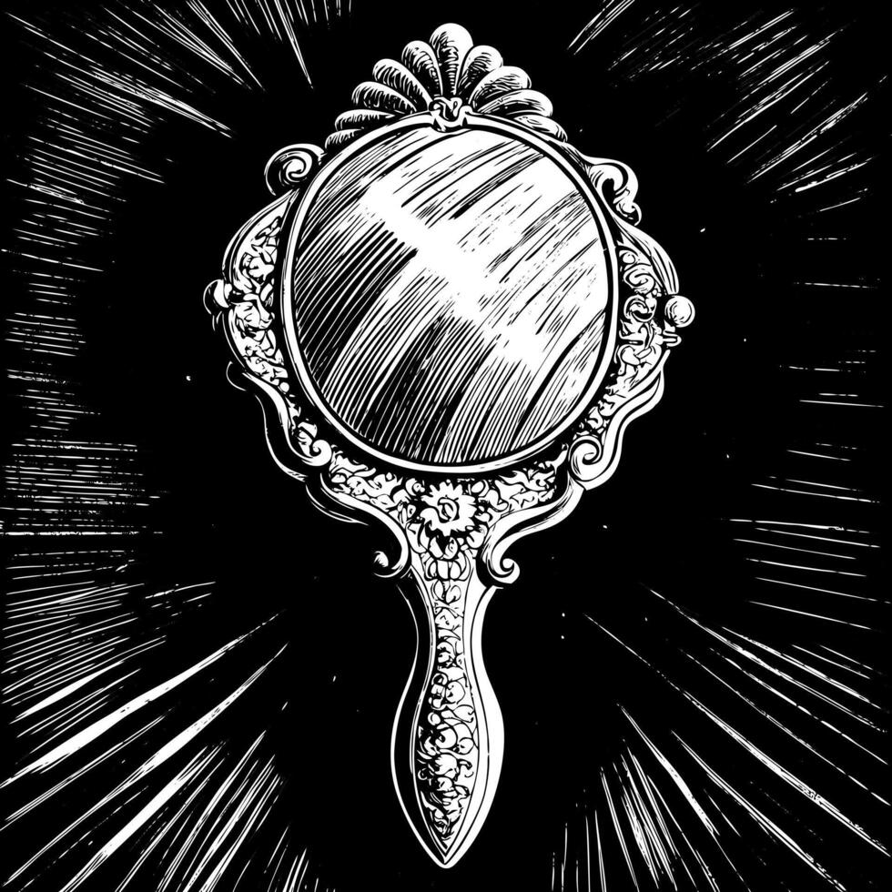 Ornate Vintage Hand Mirror Illustration in Black and White with Decorative Detailing vector