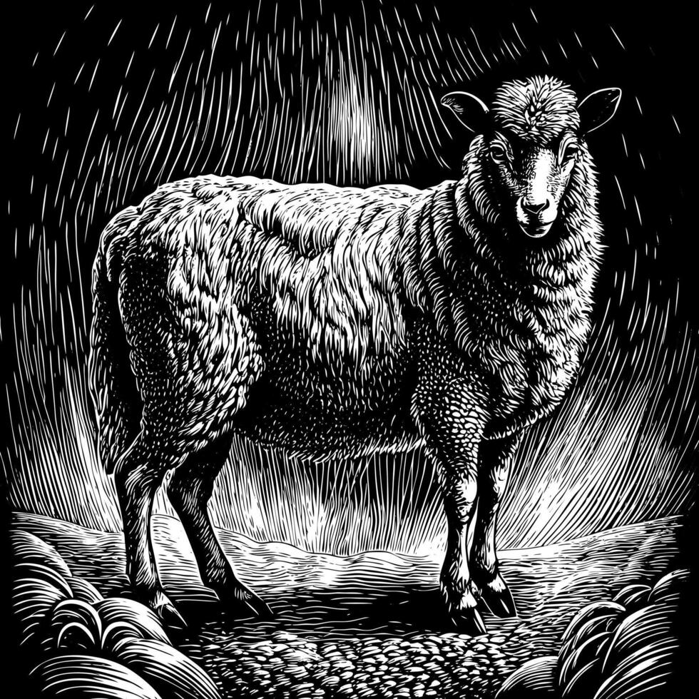 Intricate Black and White Line Art of a Sheep in Detailed Artistic Style vector