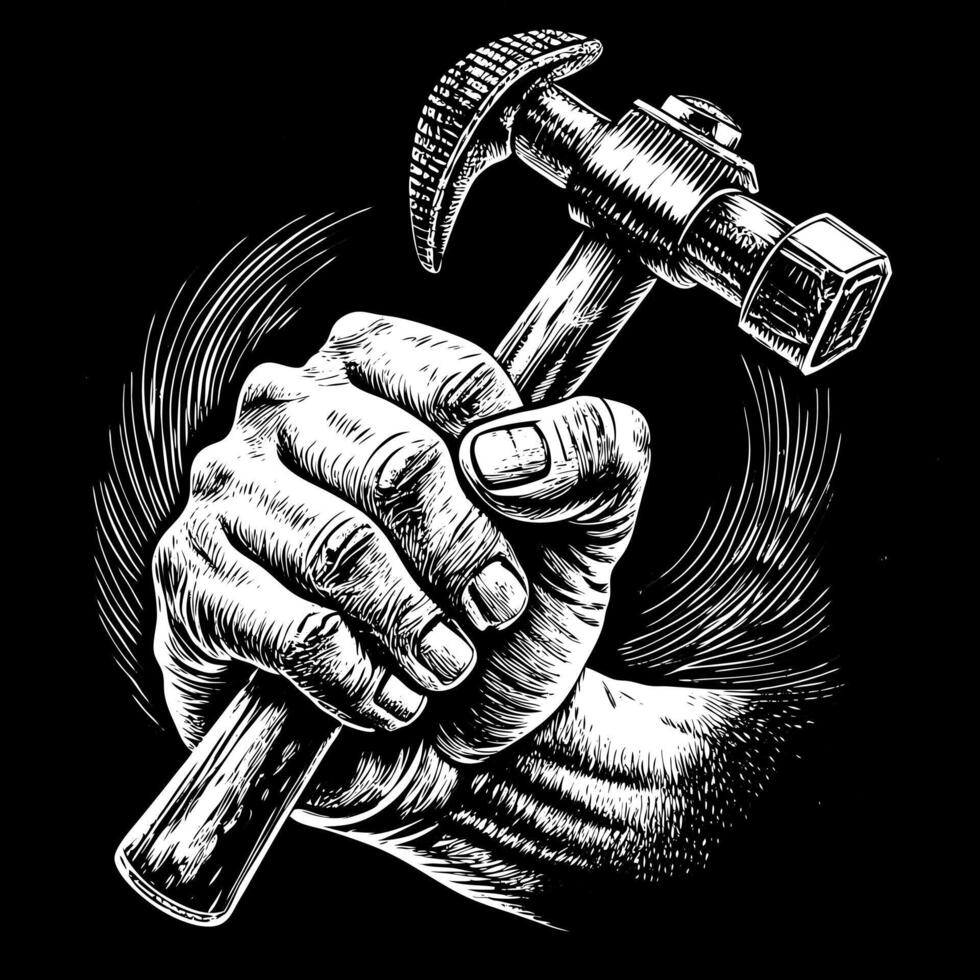 A hand holding a hammer with a black background vector