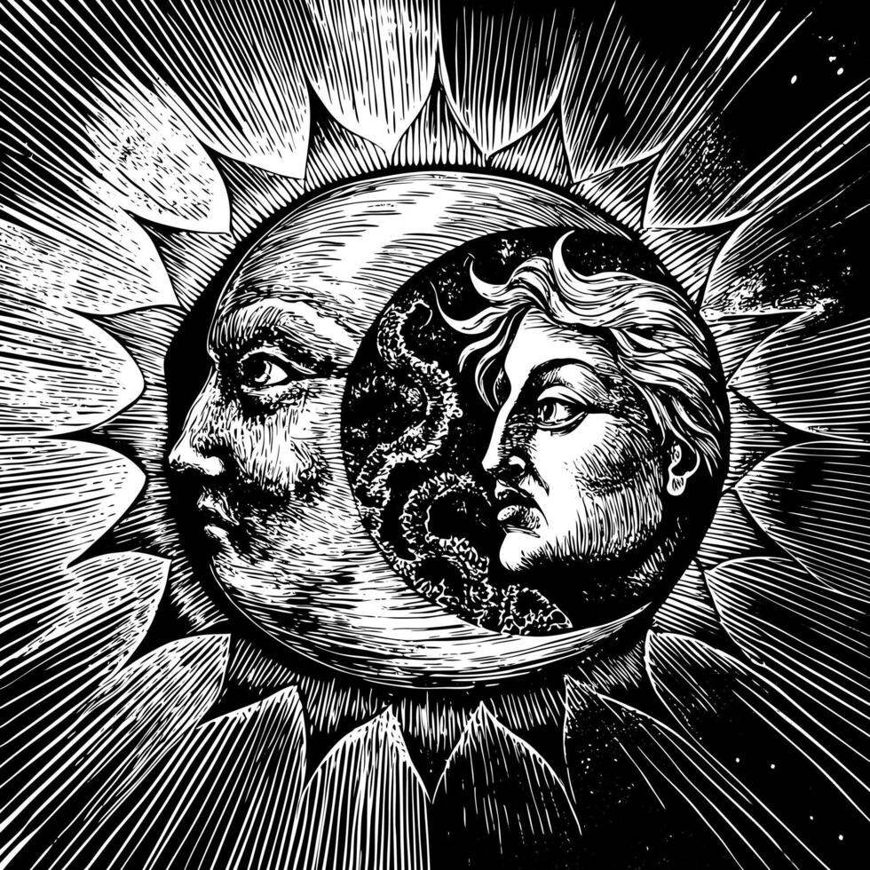 A drawing of a man and woman with the sun in the background vector