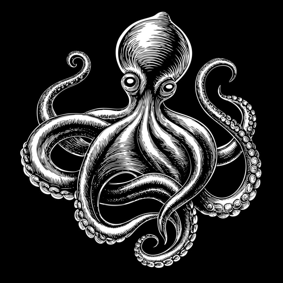 A black and white drawing of an octopus with a large eye vector