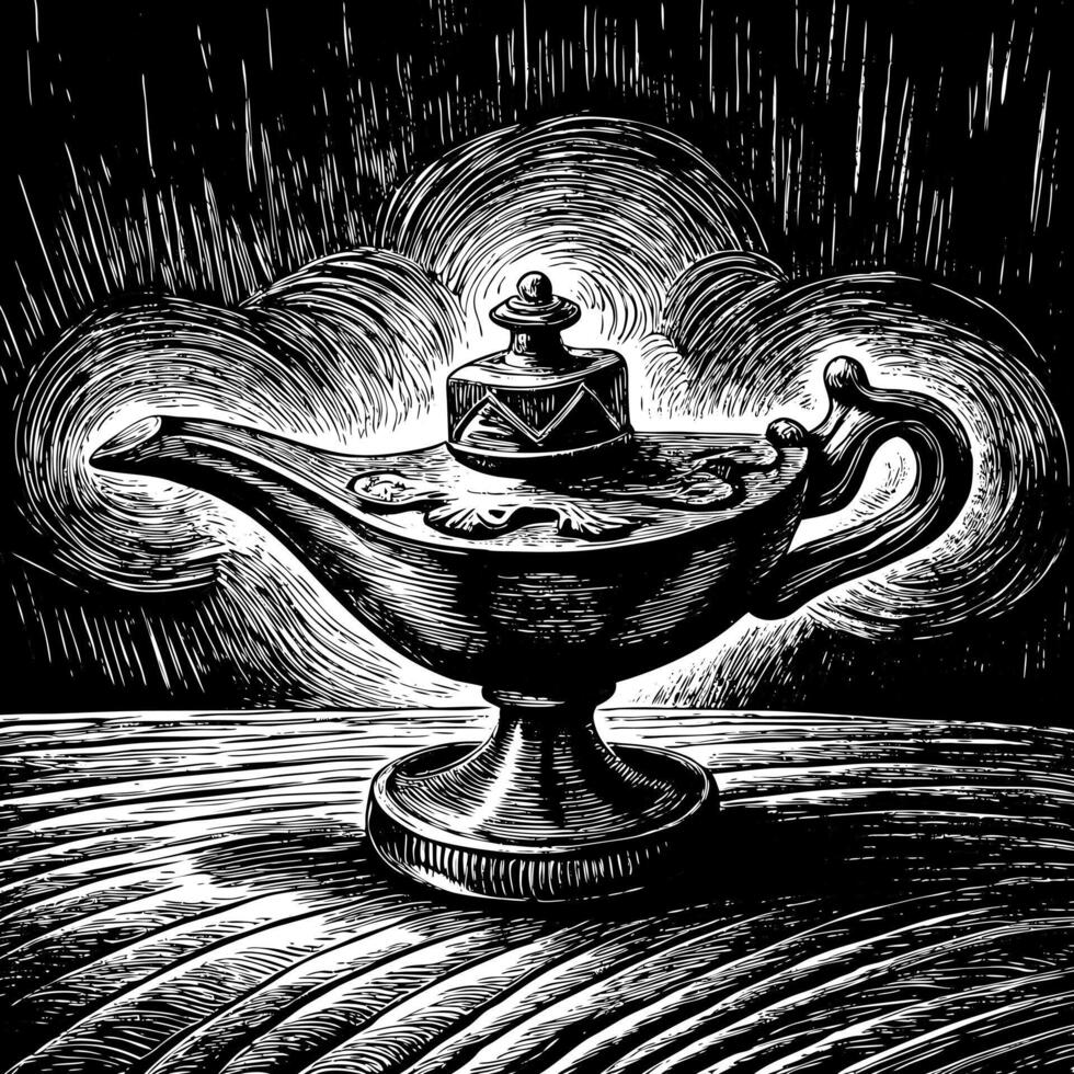 Engraved Magic Lamp Illustration with Mystical Cloud Background in Black and White vector