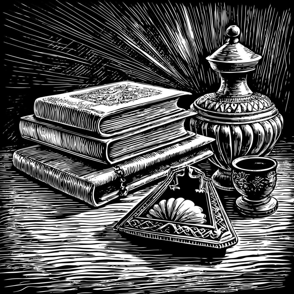 A bookcase with a book on top of it and a vase on the bottom vector