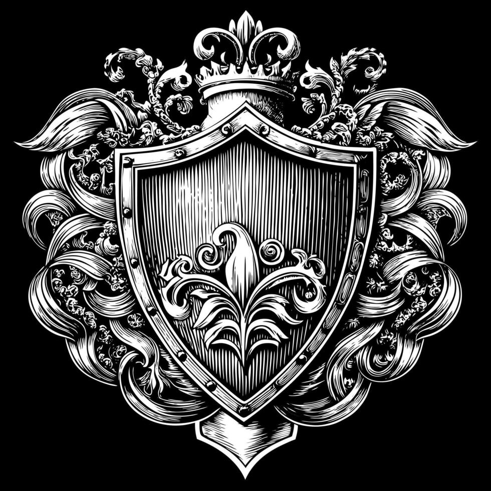 Intricate Vintage Heraldic Shield Drawing with Flourishes and Crown vector