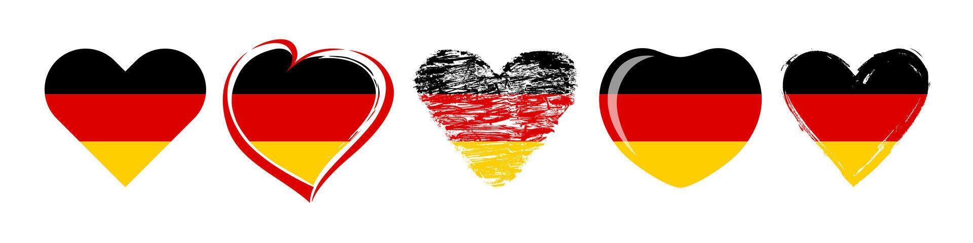 Set of creative heart shapes with flag of Germany. Classic and hand drawn art style. Tourism symbol. Welcome to Germany travel agency branding concept. Hearts with flags. Sport or business icons. vector