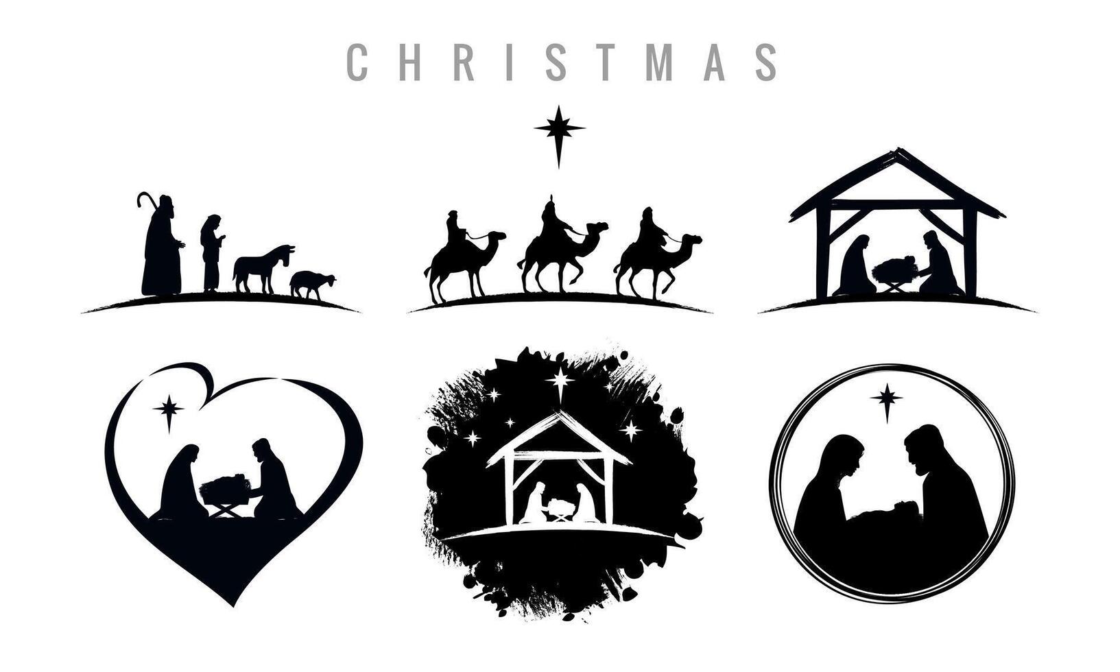 Nativity Christmas icons set, manger with baby Jesus, Joseph, Mary, shepherds and three wise men vector