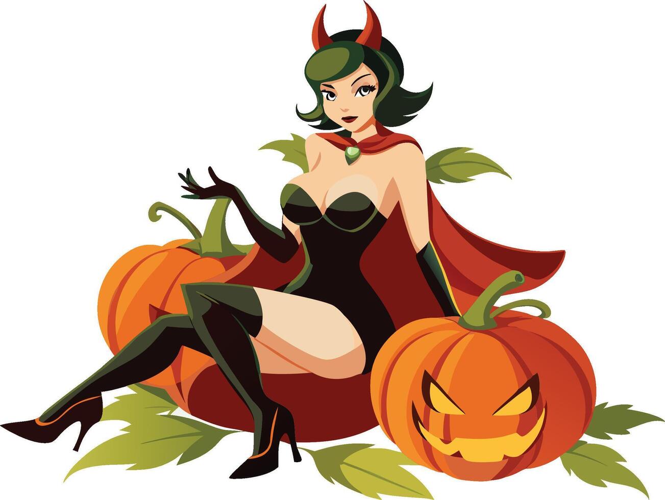 A Halloween Black Witch Setting with Pumpkins vector
