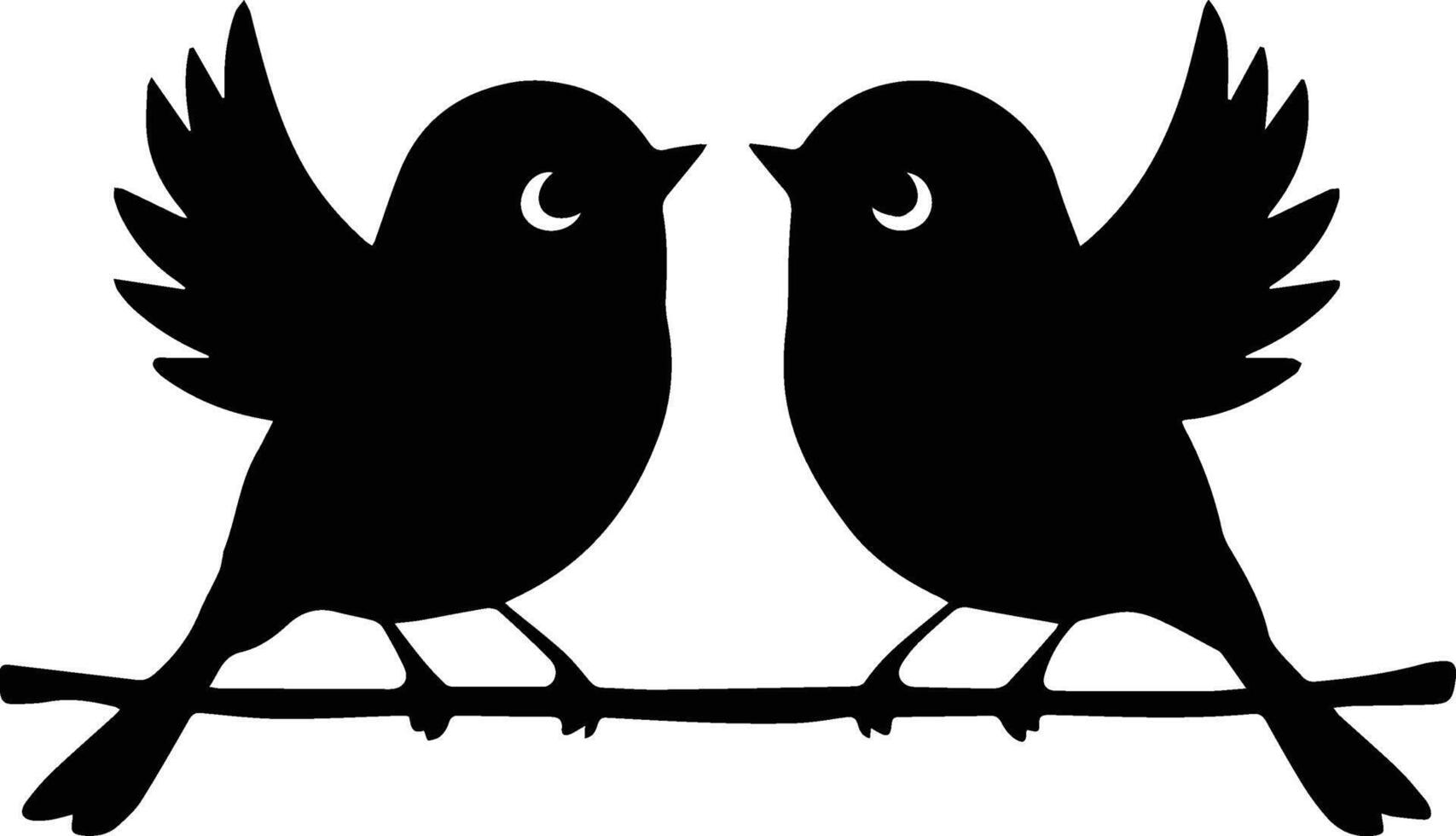Two birds sitting on branch with spread wings silhouette illustrator vector