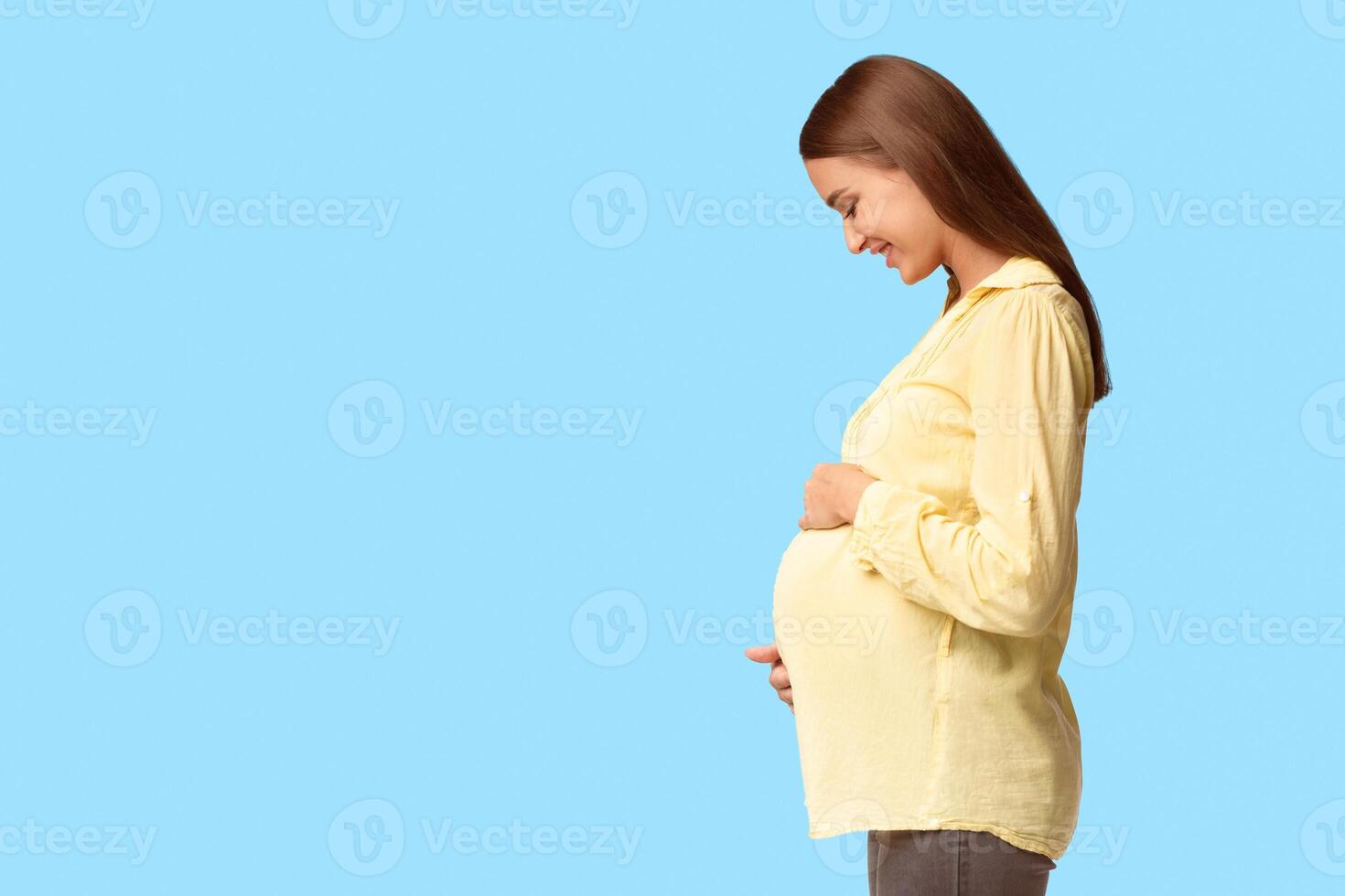 Pregnancy Concept. Young Pregnant Woman Touching Belly Dreaming About Baby Standing On White Studio Background. Side View, Empty Space photo