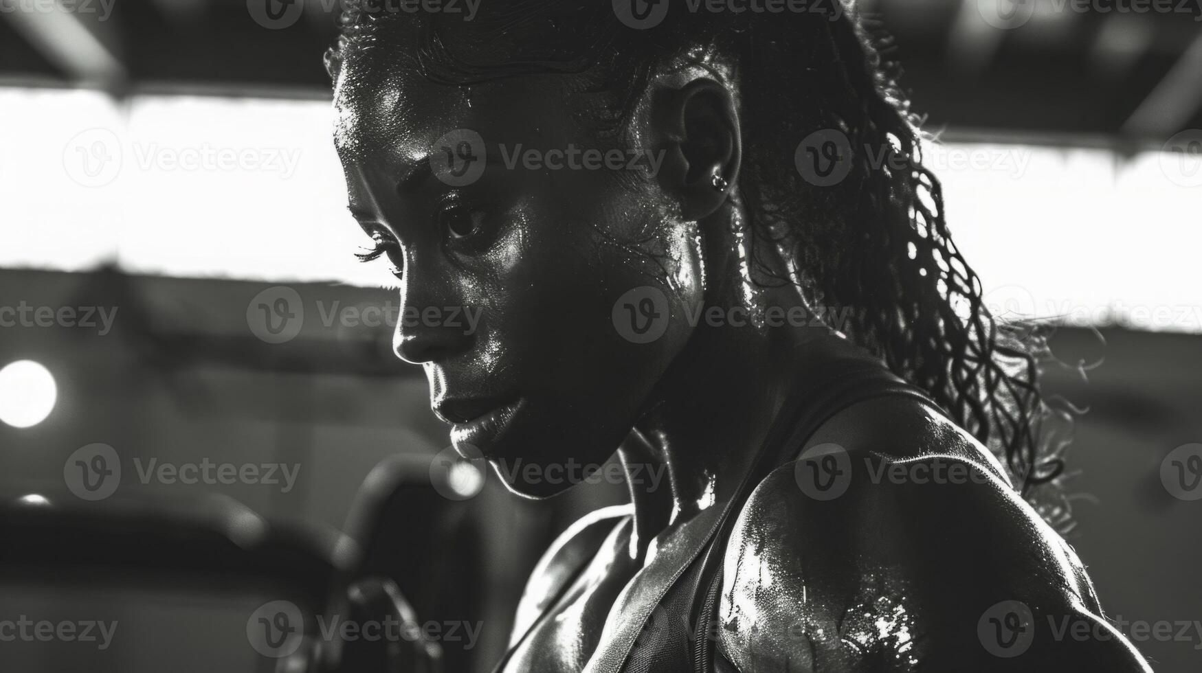 A close-up image of a womans face and shoulder as she works out in a gym. Her expression is intense, and she is visibly sweating, highlighting her dedication to her fitness goals. photo