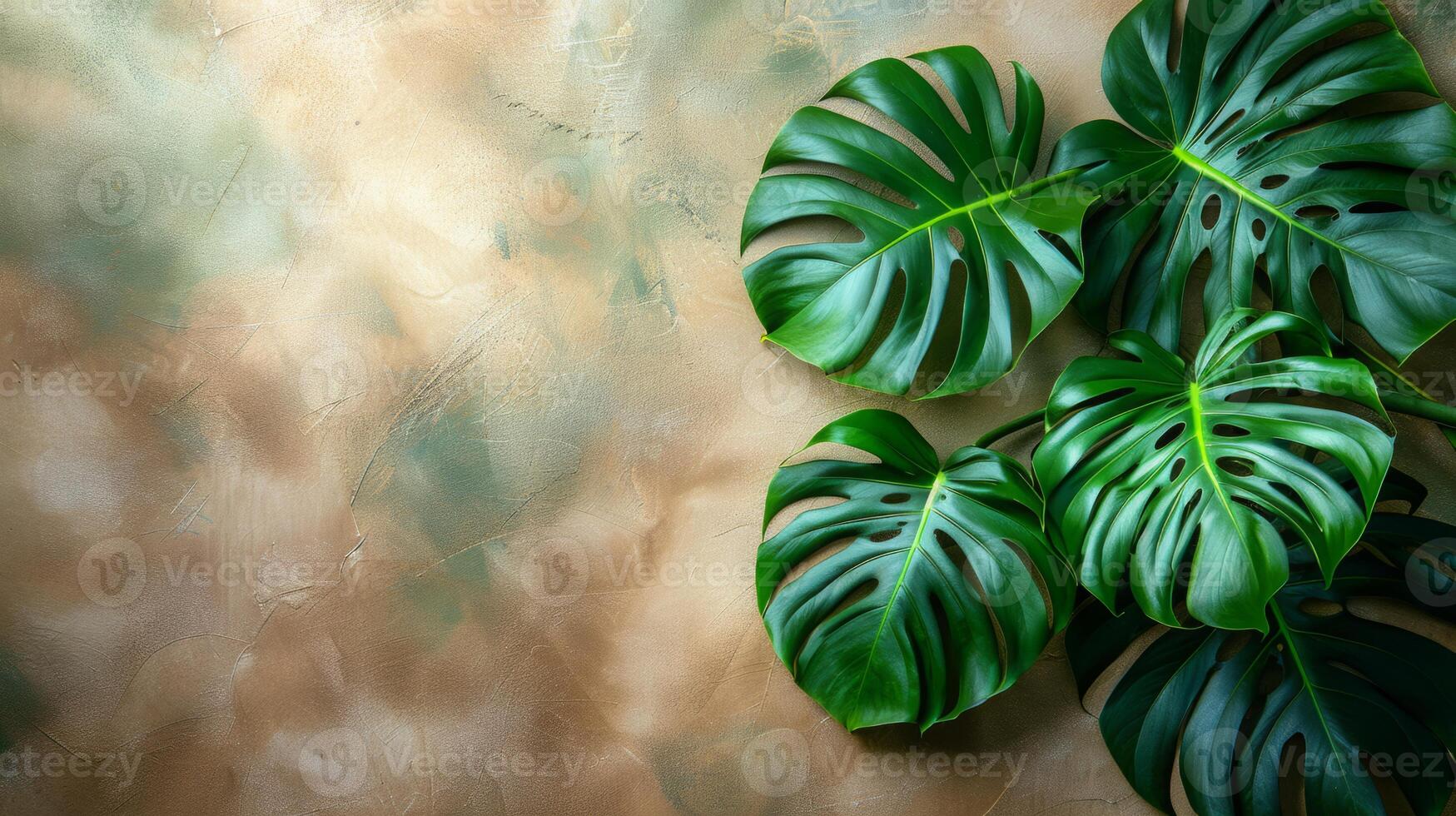 A close-up photograph of large, green Monstera leaves against a brown textured background. photo