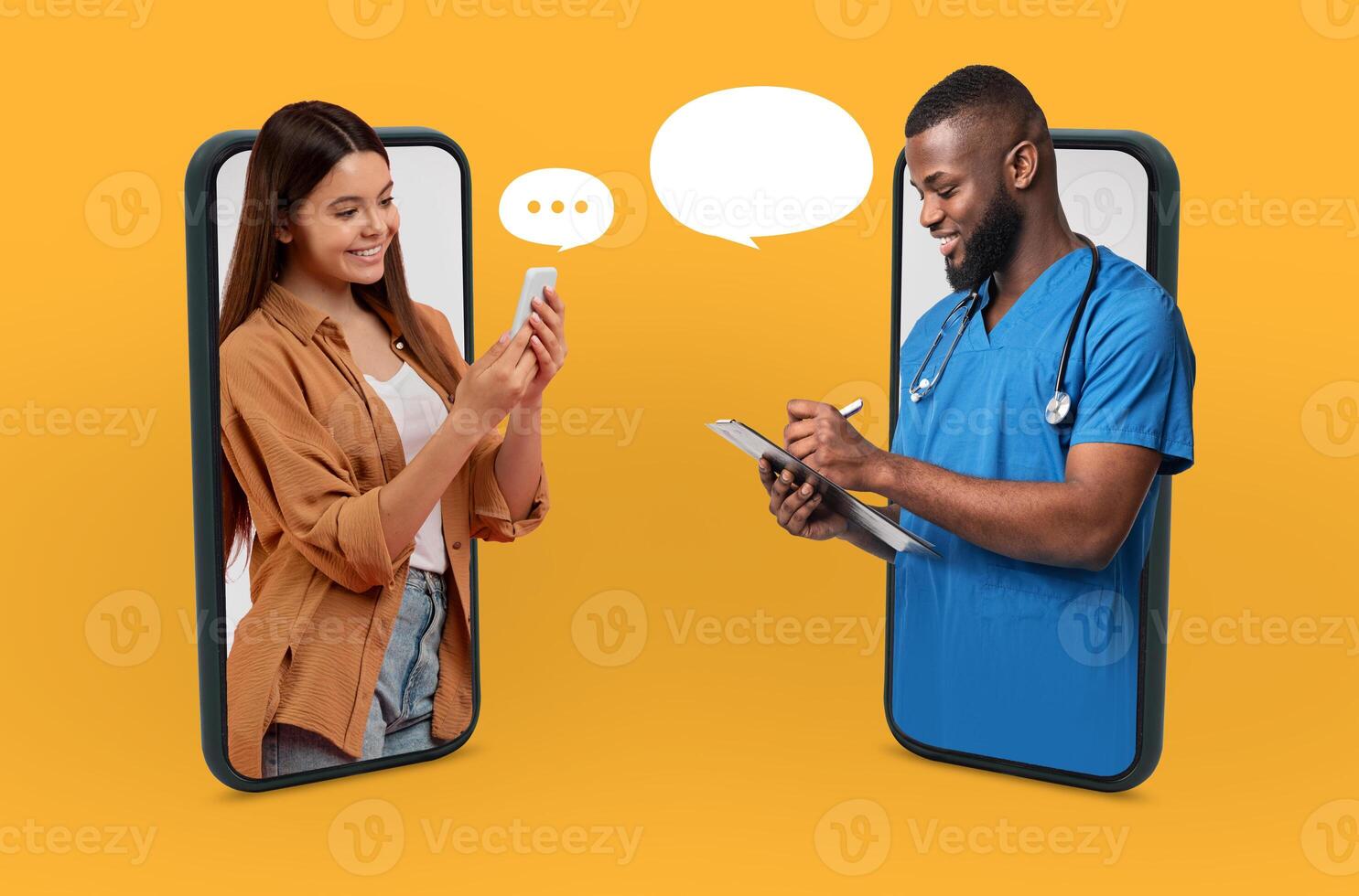 A healthcare professional in scrubs and a stethoscope engages in a virtual consultation with a young woman using smartphones. They appear to be conversing through text messages for medical advice. photo