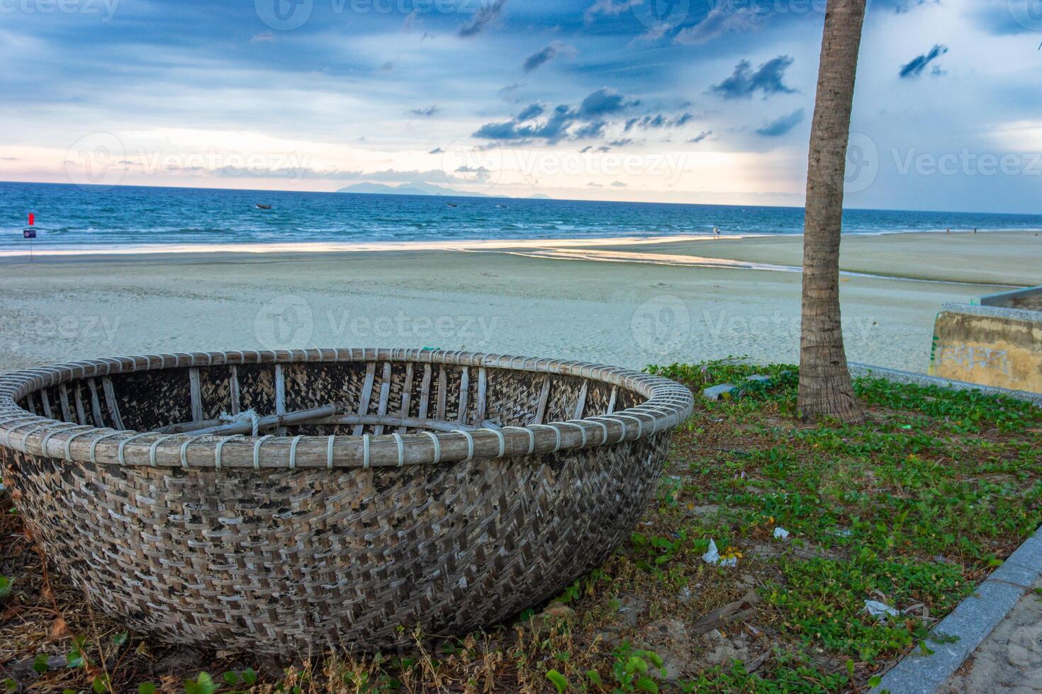Round boat on the beach next to a tree photo