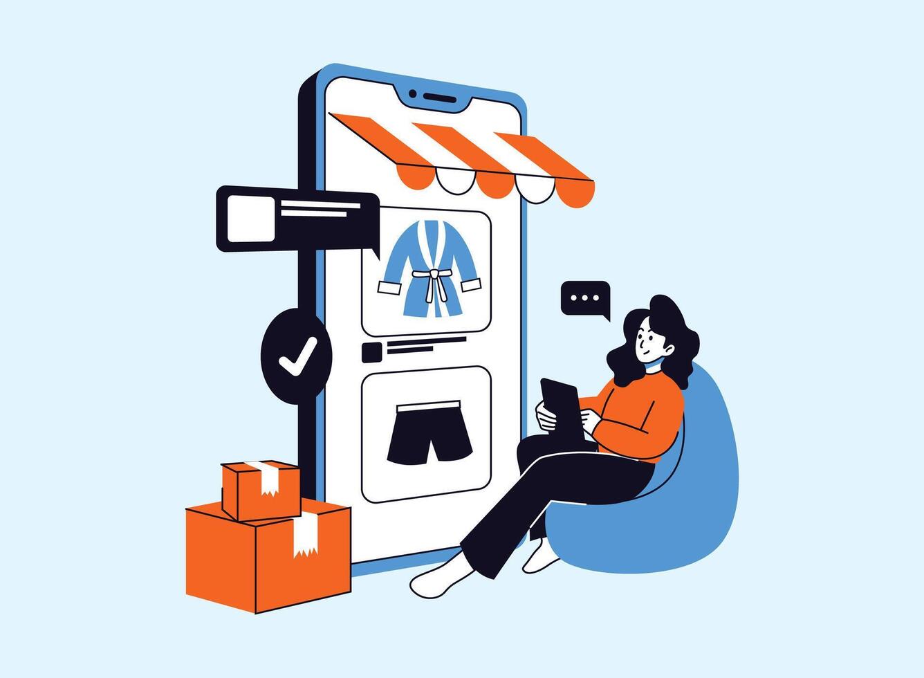 A woman is comfortably shopping online on her tablet, browsing through products and potentially making a purchase. vector