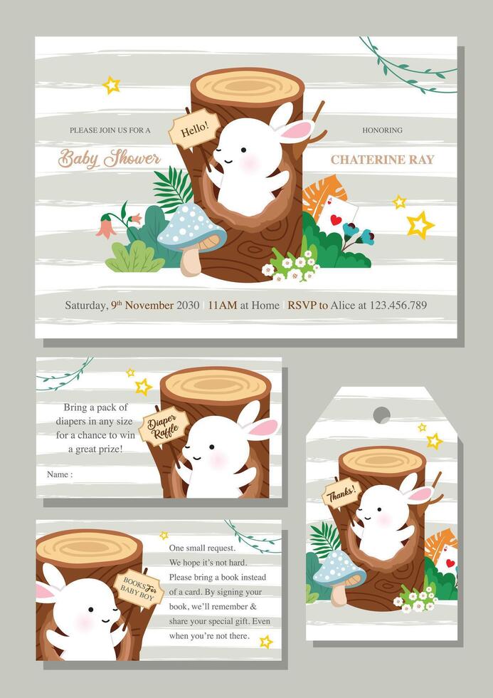 Bunny baby shower invitation set with cute bunny and tree vector
