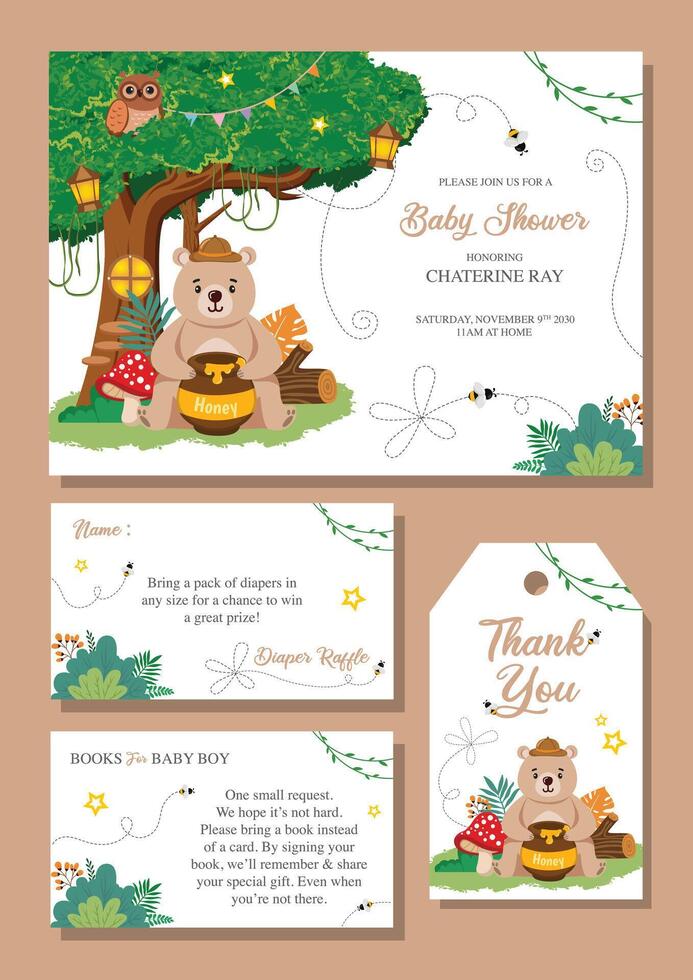 Baby shower invitation set with cute bear and tree vector
