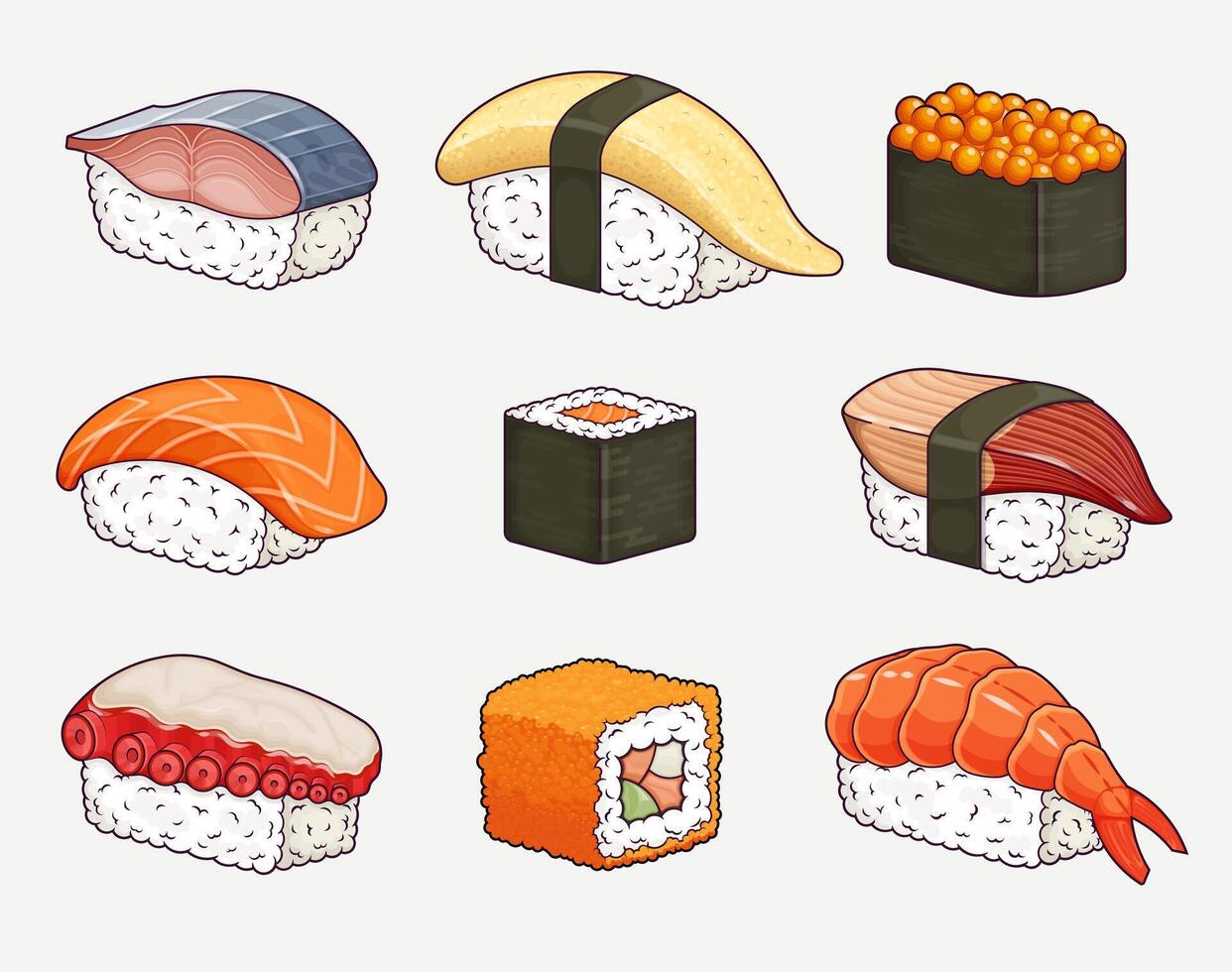 Traditional Japanese sushi set. Featuring rolls, saba, kazunoko, ikura, sake, maki, hokkigai, tako, tobiko, and ebi. Illustration vector