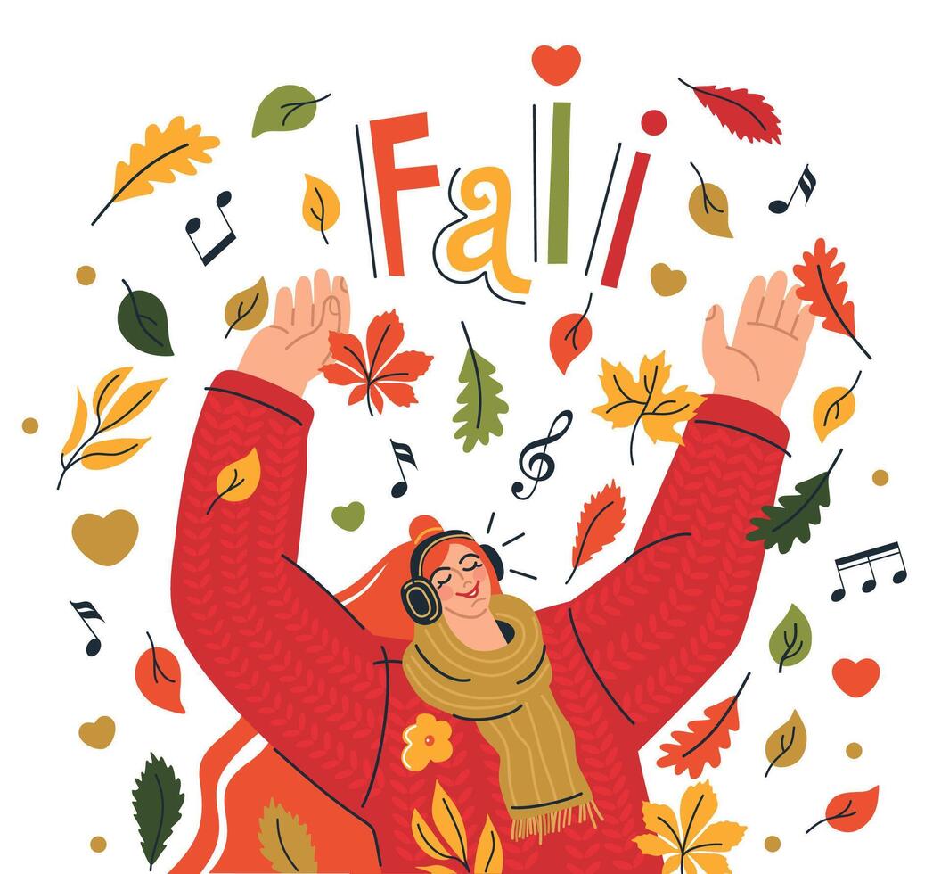 Happy girl in a sweater with headphones listens to music autumn background fall scene leaves are flying. Leaf fall. Autumn season. illustration in flat style. vector