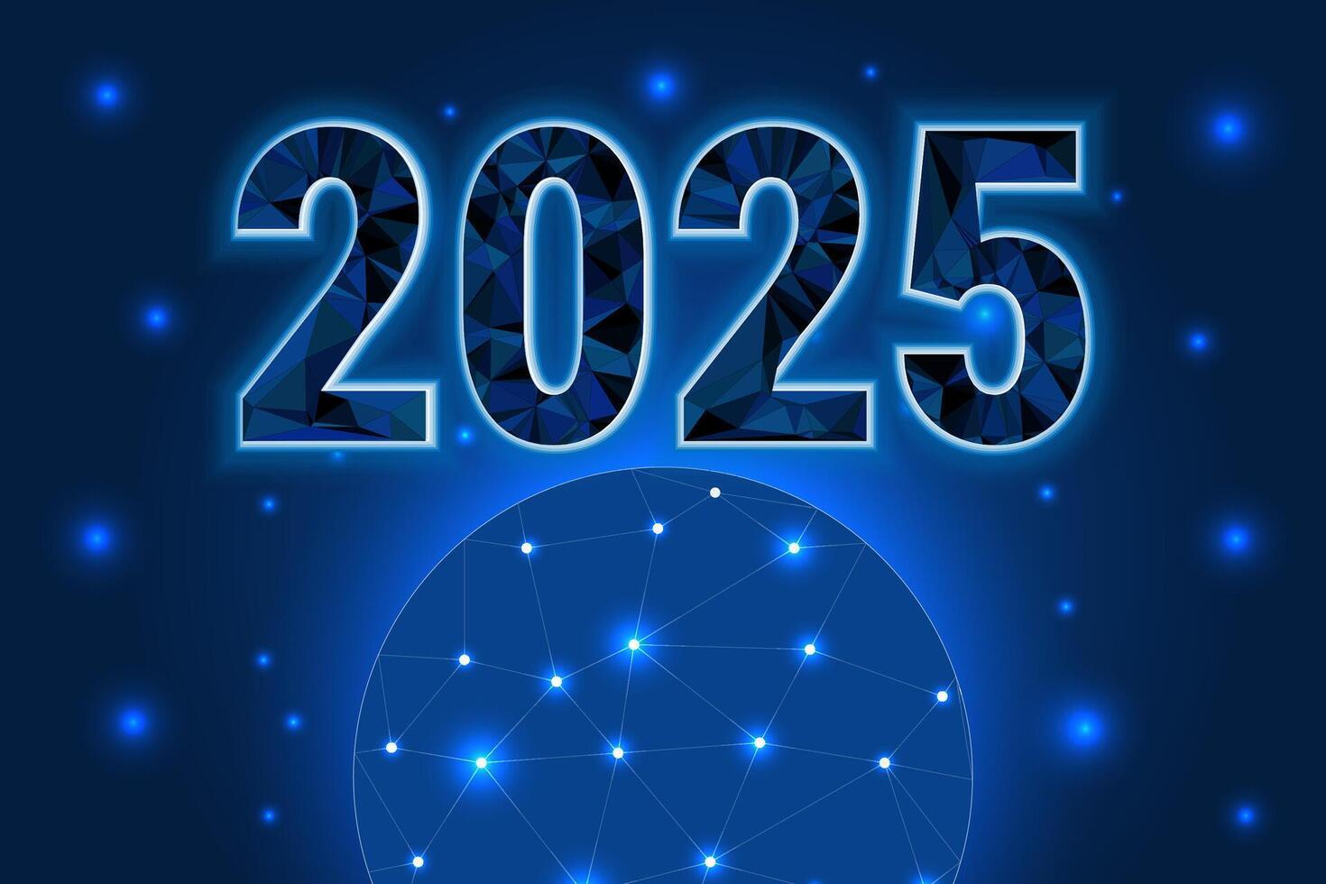 banner of New Year 2025. digital web banner template in futuristic glowing polygonal style on dark blue background. Futuristic hi-tech Circuit Number Digital Concept. vector