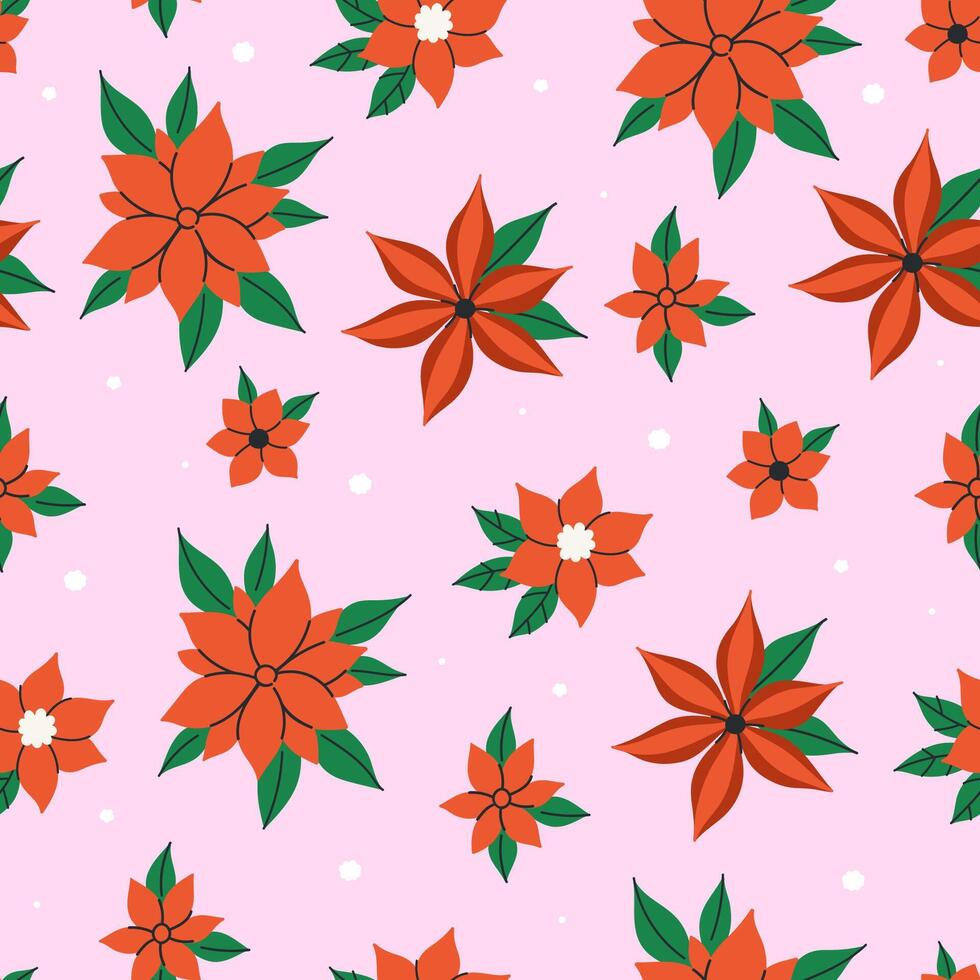 Seamless pattern with red winter poinsettia flowers. graphics. vector