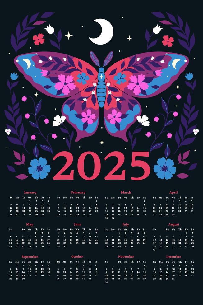 Calendar for 2025 with magical night butterfly . graphics. vector