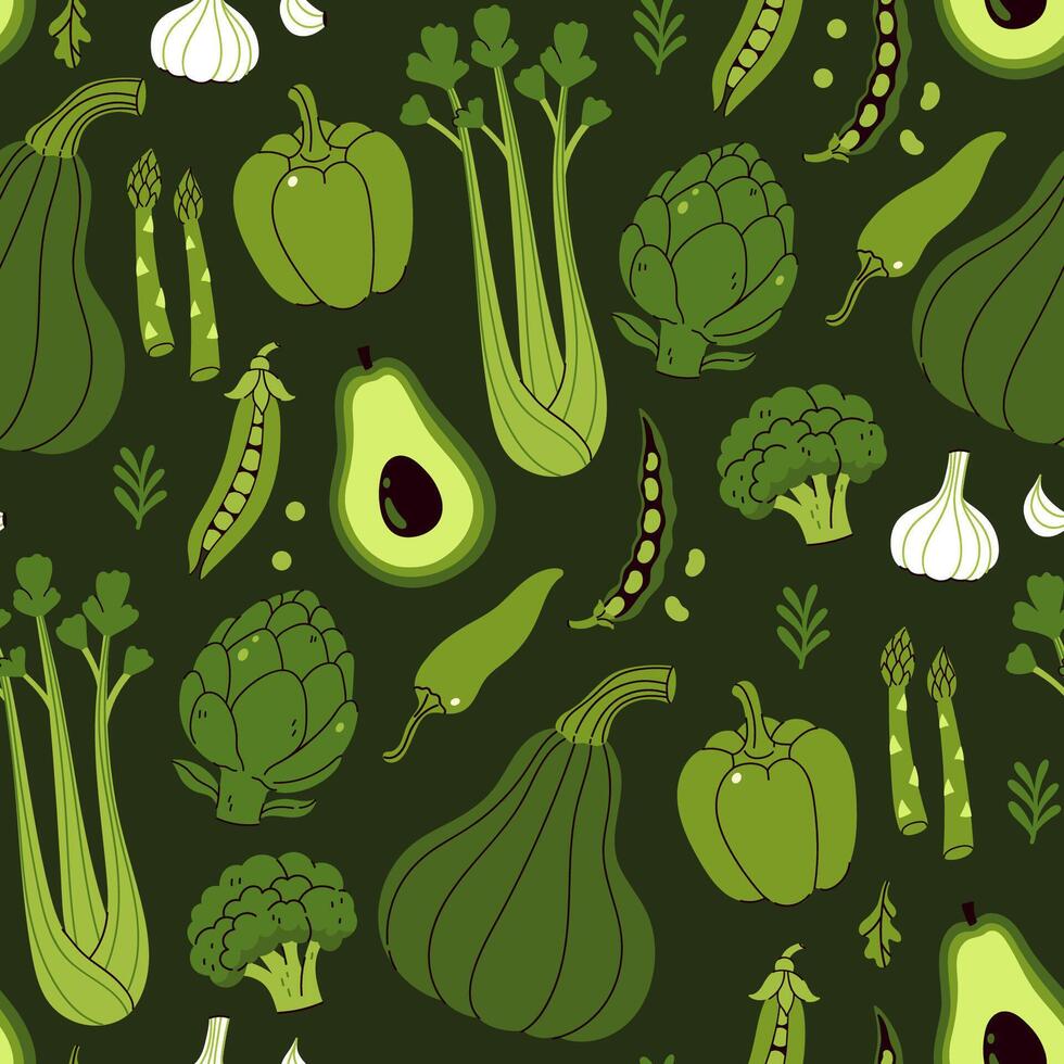 Seamless pattern with different types of green vegetables on a green background. graphics. vector