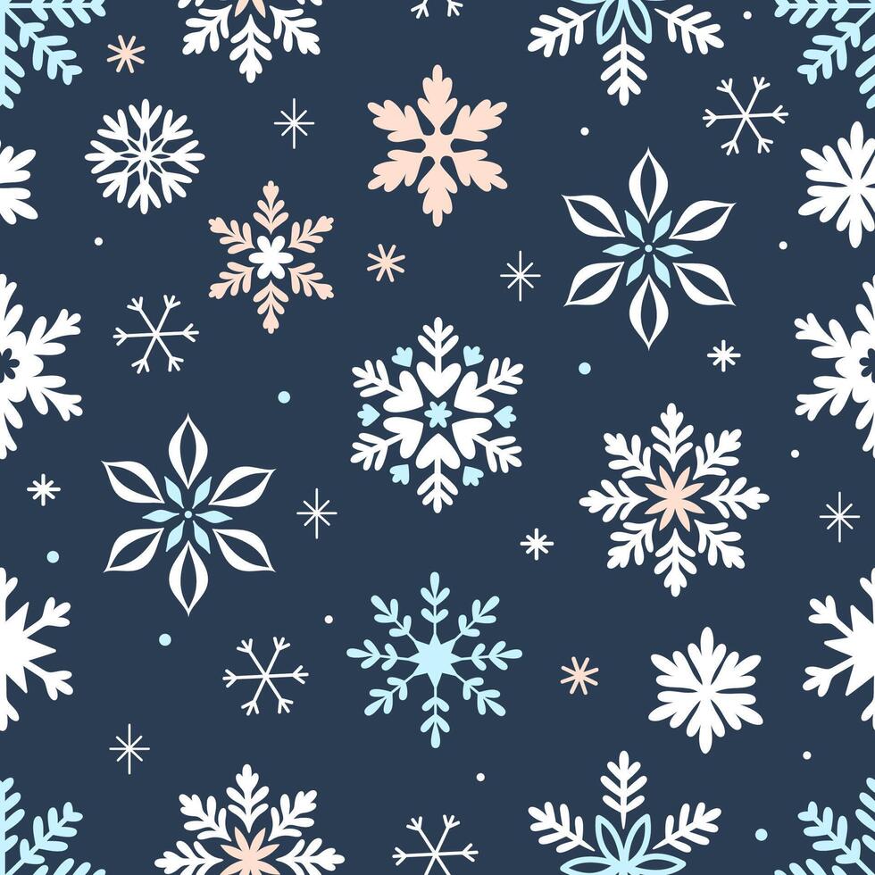 Seamless pattern with snowflakes of different shapes on a blue background. graphics. vector