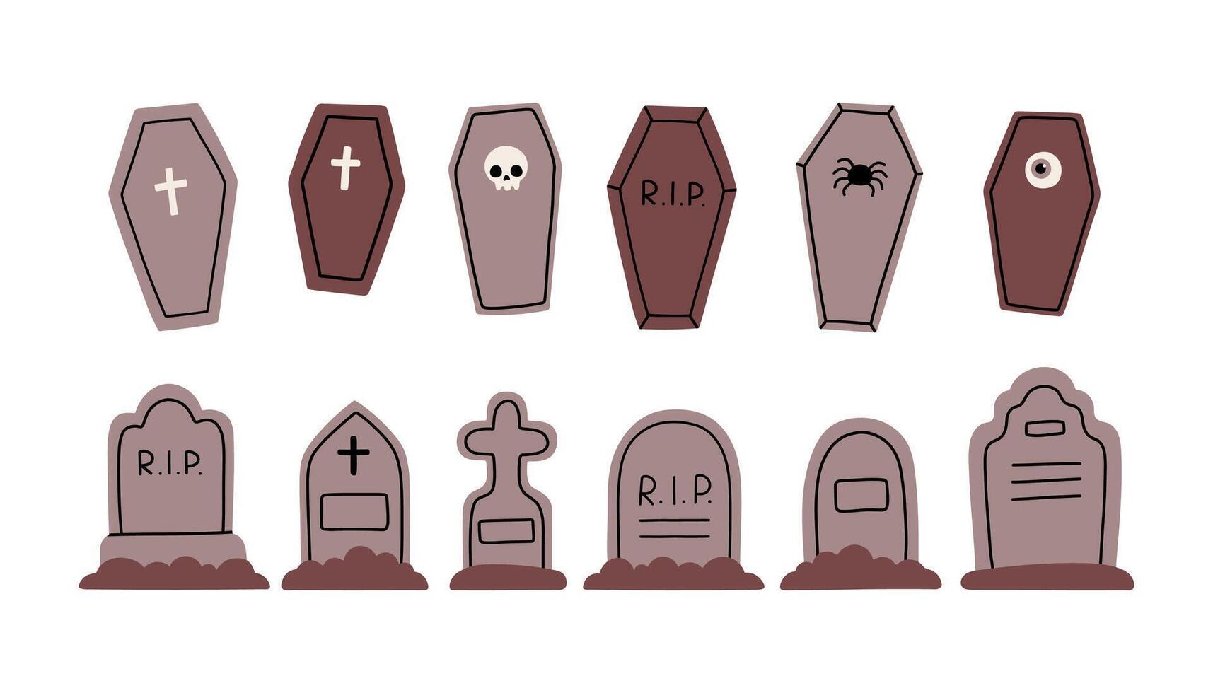 Grave and coffin simple set. Tombstone flat style , grave symbol isolated on white background. vector