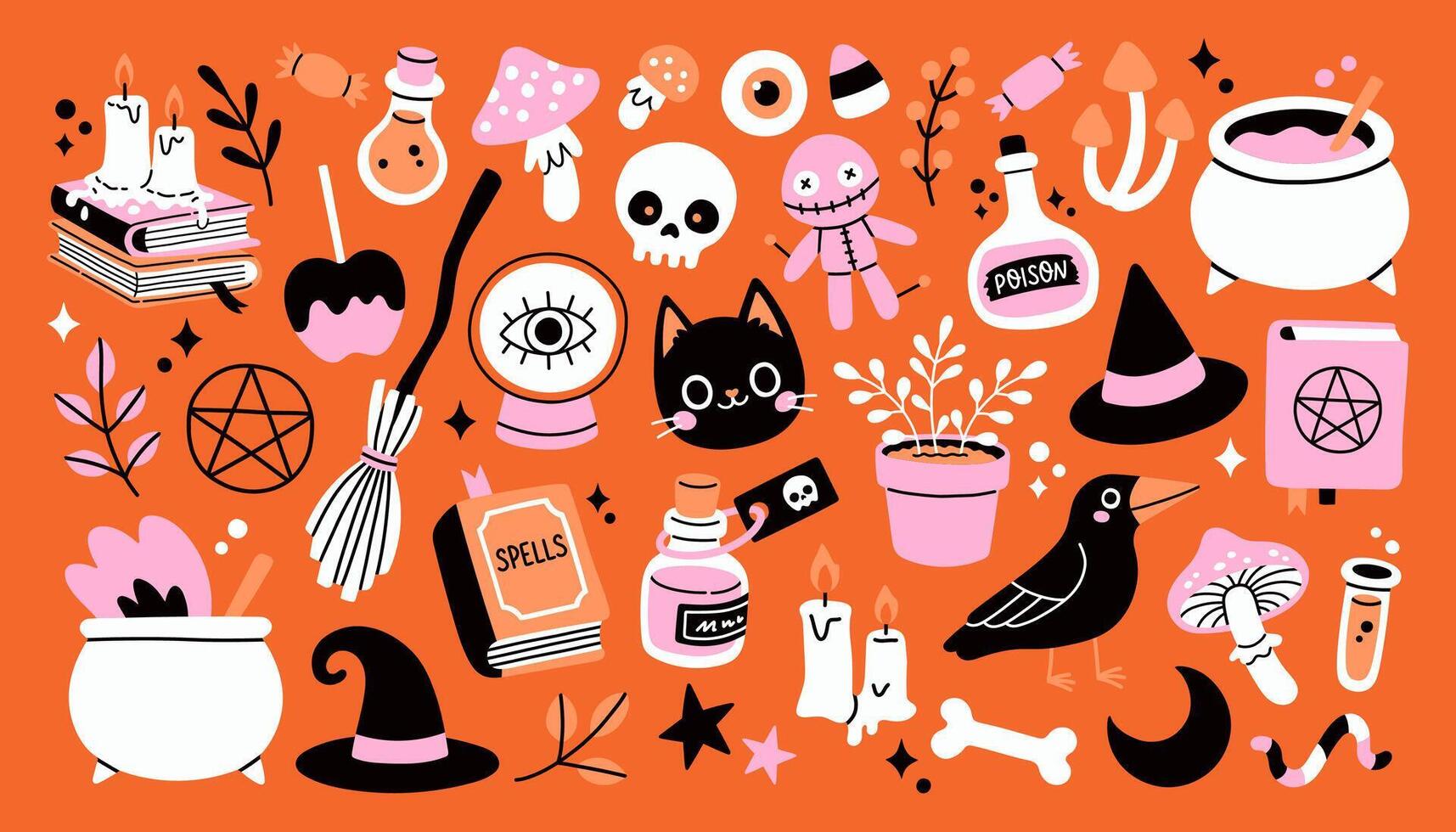 Trendy Halloween element set isolated.Witch craft, cat, raven, witch hat, potion and cauldron. Perfect for scrapbooking, greeting card, party invitation, poster, tag, sticker kit. vector