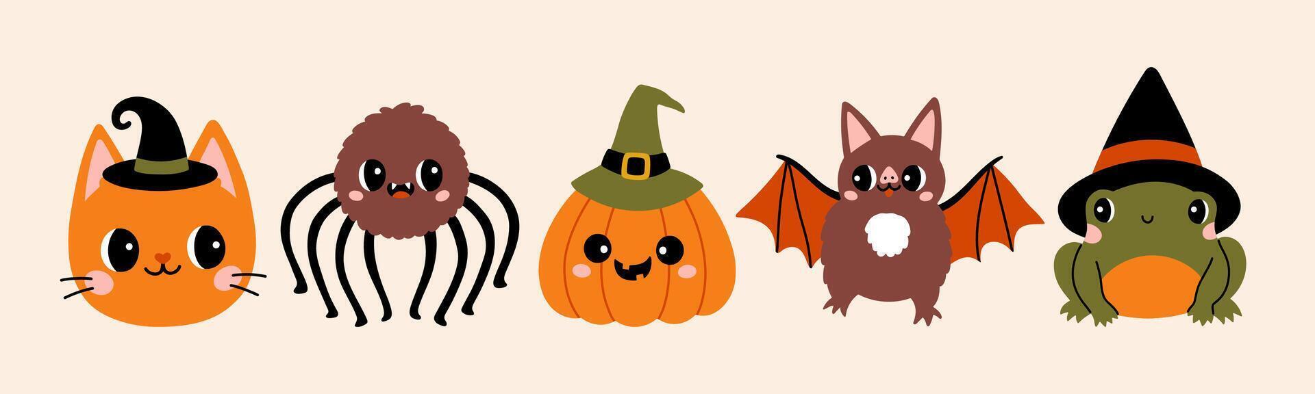 Cute Halloween character set design. Halloween character cat in witch hat, spider, pumpkin, bat and frog. vector