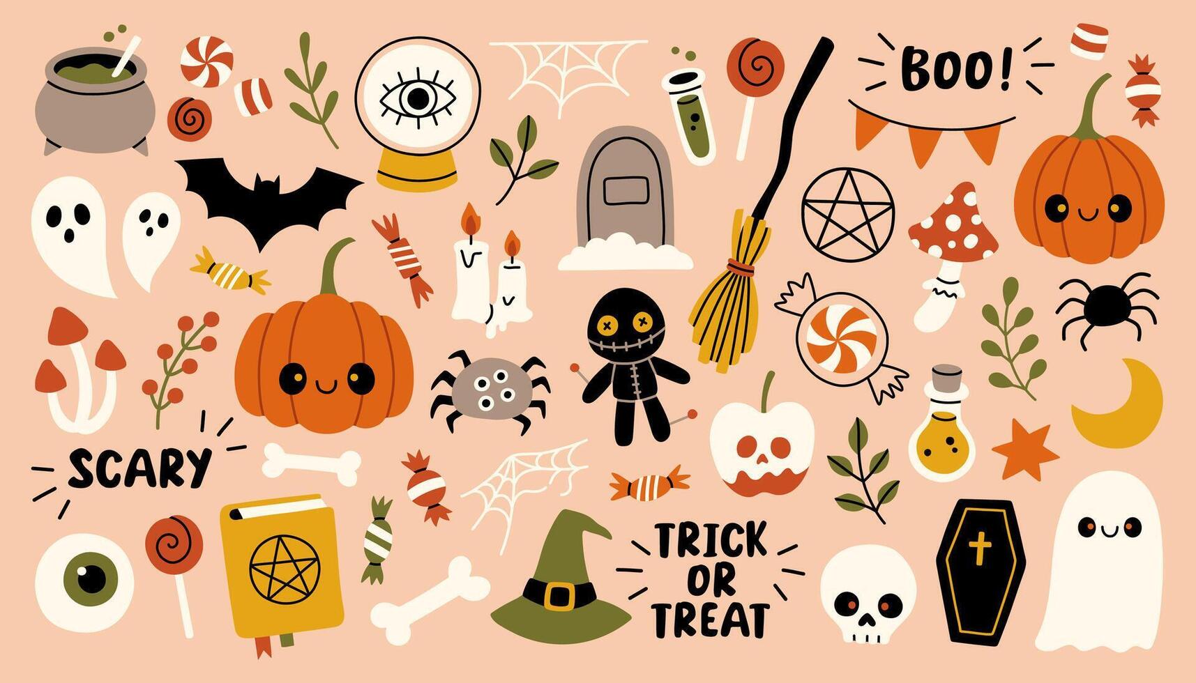 Cute Halloween element set isolated. Ghost, skeleton, bat, pumpkin and spider. For scrapbooking, card, sticker, poster vector