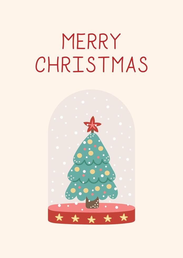 merry Christmas card with Christmas tree under glass dome. Greeting card on light beige background. Christmas and New Year. illustration. vector