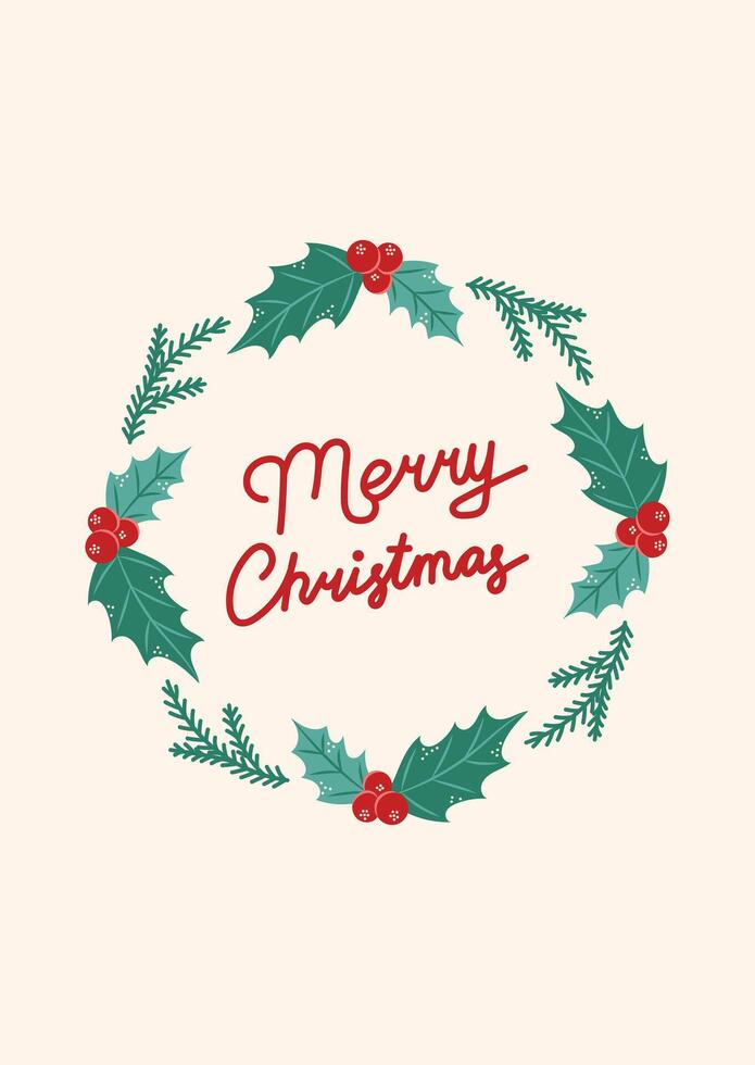 Merry Christmas Card in Round Floral Frame. Greeting card on light beige background. Christmas and New Year. illustration. vector