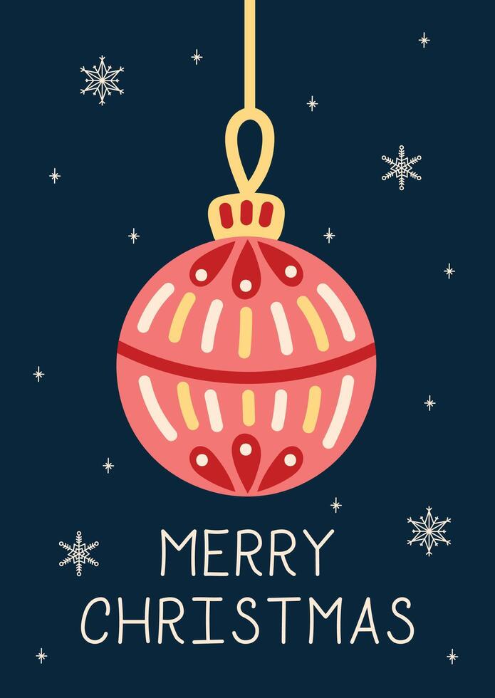 Christmas card with Christmas tree ball. Greeting card on dark background. Christmas and New Year. illustration. vector