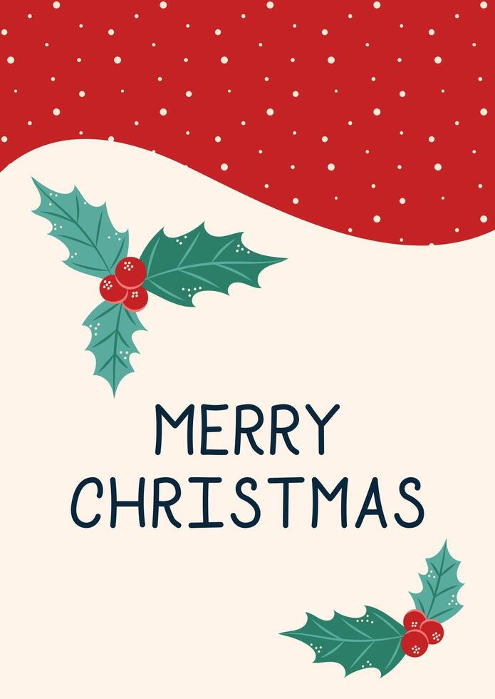 Postcard Merry Christmas with Holly. Greeting card on light beige background and red top frame. Christmas and New Year. illustration. vector