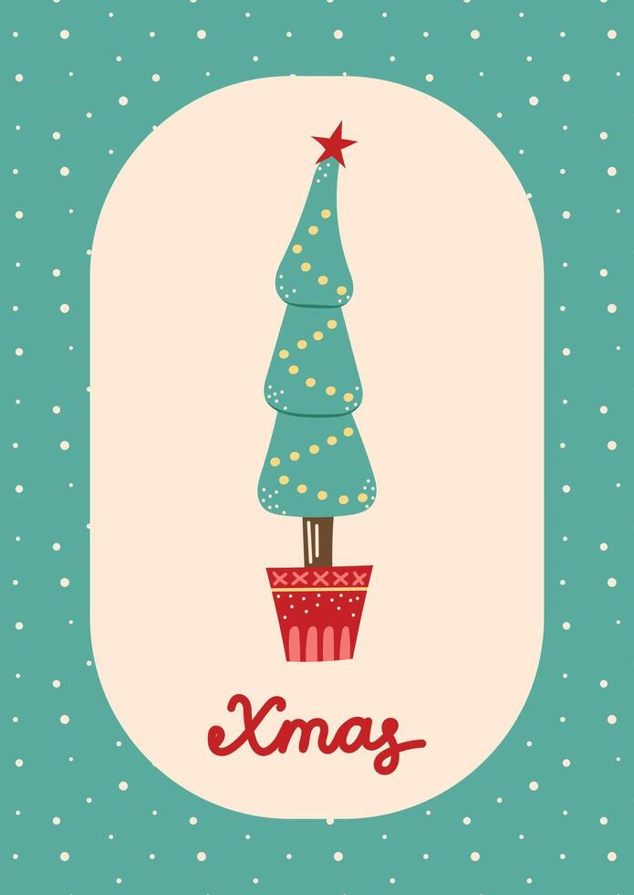 Christmas Card Christmas Tree in a Pot. Greeting card on light beige background and green frame. Christmas and New Year. illustration. vector