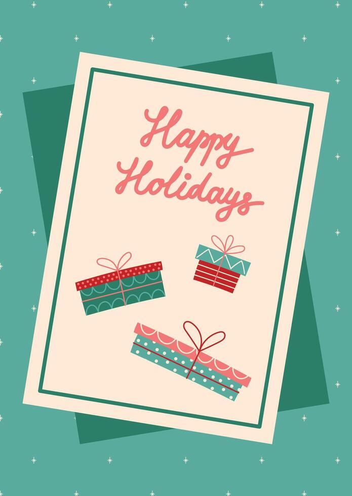 Happy Holidays Card with Gift Boxes. Greeting card on green background. Christmas and New Year. illustration. vector